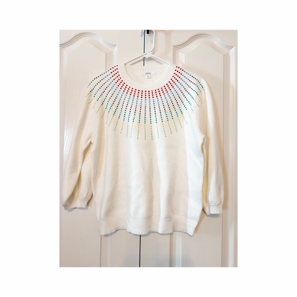 Avara Multicolor Rhinestone Embellishments Blouse Small Off White